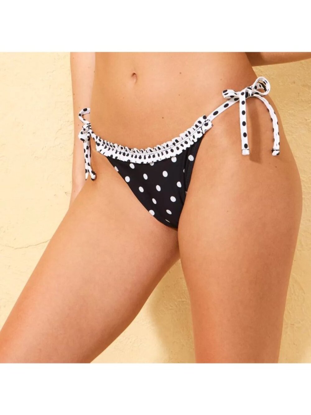 NEW Wild Fable Ruffles Polka Dot Tricot Low-Rise Side-Tie Bikini Bottom - Black
